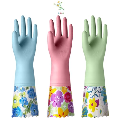 KAQ 3 Pairs Rubber Cleaning Gloves, Reusable Dishwashing Gloves for Kitchen with Cotton Liner, Long Cuff 16", Waterproof Non-Slip Household Gloves for Bleaching Bathroom, Laundry, Gardening (Large) - Image 1