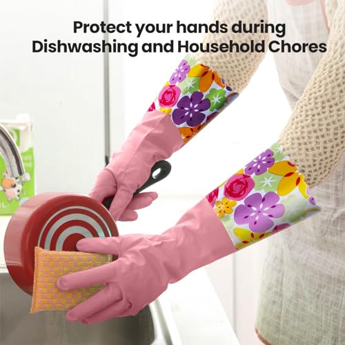 KAQ 3 Pairs Rubber Cleaning Gloves, Reusable Dishwashing Gloves for Kitchen with Cotton Liner, Long Cuff 16", Waterproof Non-Slip Household Gloves for Bleaching Bathroom, Laundry, Gardening (Large) - Image 4