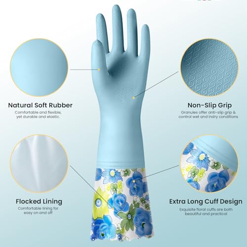 KAQ 3 Pairs Rubber Cleaning Gloves, Reusable Dishwashing Gloves for Kitchen with Cotton Liner, Long Cuff 16", Waterproof Non-Slip Household Gloves for Bleaching Bathroom, Laundry, Gardening (Large) - Image 2