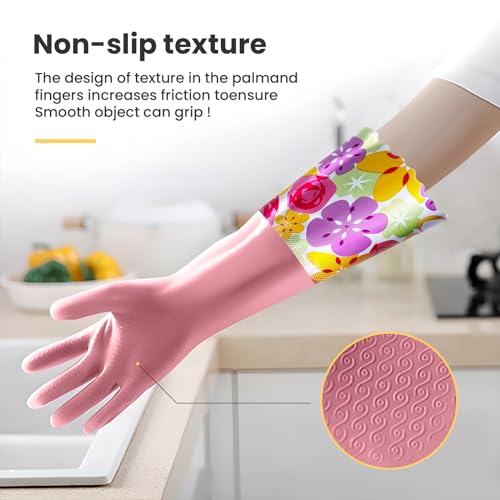 KAQ 3 Pairs Rubber Cleaning Gloves, Reusable Dishwashing Gloves for Kitchen with Cotton Liner, Long Cuff 16", Waterproof Non-Slip Household Gloves for Bleaching Bathroom, Laundry, Gardening (Large) - Image 5