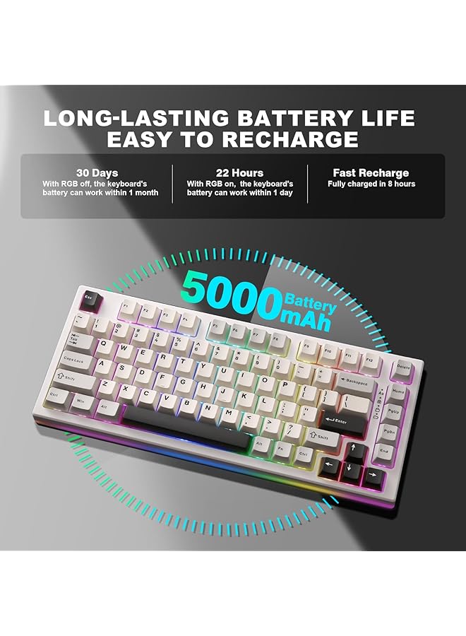 YUNZII Yz75 75% Hot Swappable Wireless Gaming Mechanical Keyboard Rgb Backlights Bt5.0/2.4G/Usb C Dye Sub Pbt Keycaps For Linux/Win/Mac (White Gateron G Pro Yellow)  - Image 5