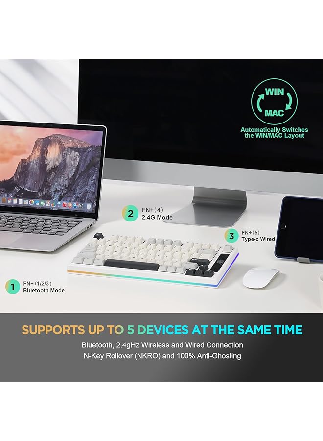YUNZII Yz75 75% Hot Swappable Wireless Gaming Mechanical Keyboard Rgb Backlights Bt5.0/2.4G/Usb C Dye Sub Pbt Keycaps For Linux/Win/Mac (White Gateron G Pro Yellow)  - Image 3