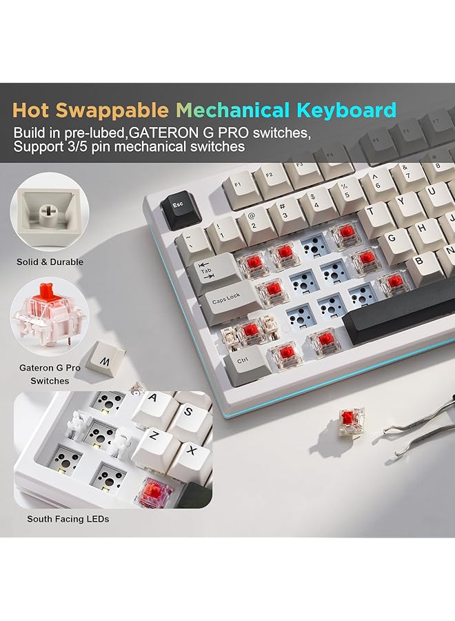 YUNZII Yz75 75% Hot Swappable Wireless Gaming Mechanical Keyboard Rgb Backlights Bt5.0/2.4G/Usb C Dye Sub Pbt Keycaps For Linux/Win/Mac (White Gateron G Pro Yellow)  - Image 4