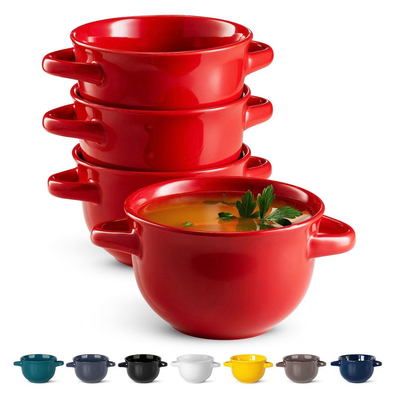 KooK French Onion Soup Crocks with Handles Ceramic Bowls for Rice Dessert Pasta Dishwasher Microwave Oven  Broil Safe Red Set of 4 18 oz Red