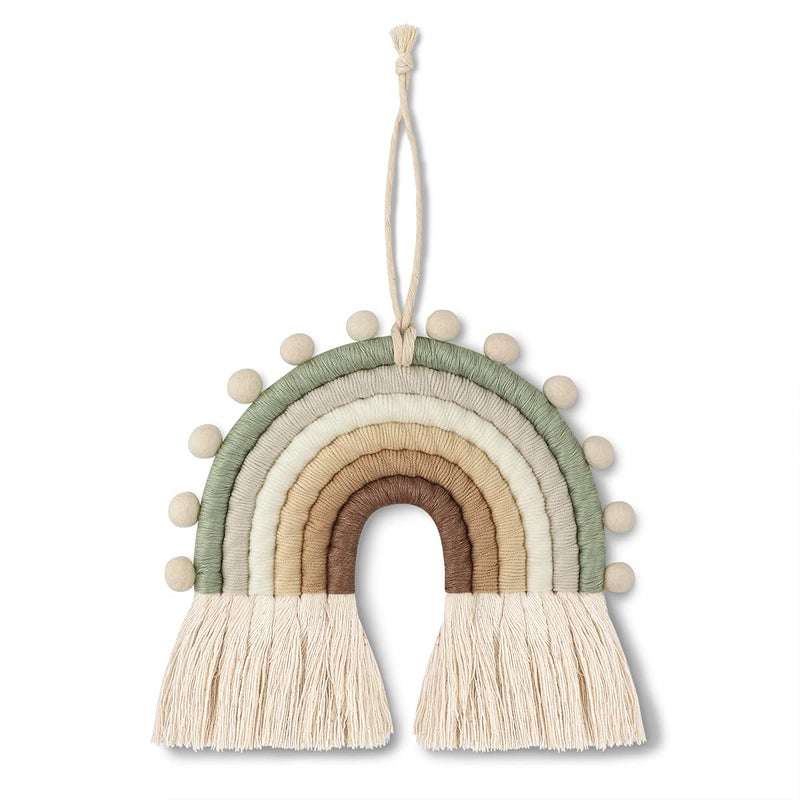 PAMBO Macrame Rainbow Wall Decoration Rainbow Wall Hanging Woven Tassel Wall Hanging Decoration for Bedroom Nursery Baby Kids Rooms Handmade Craft Gift 7.5 in（Green - Image 1