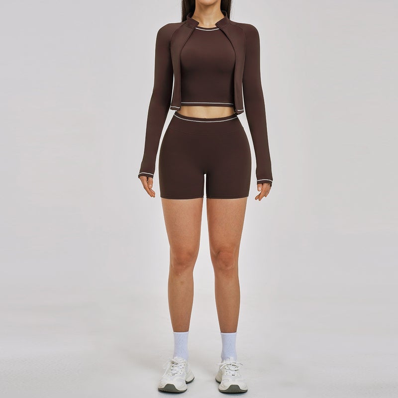 New Colorblock Cross-Border Yoga Set - Shockproof Slim Fit Outdoor Running Three-Piece Outfit