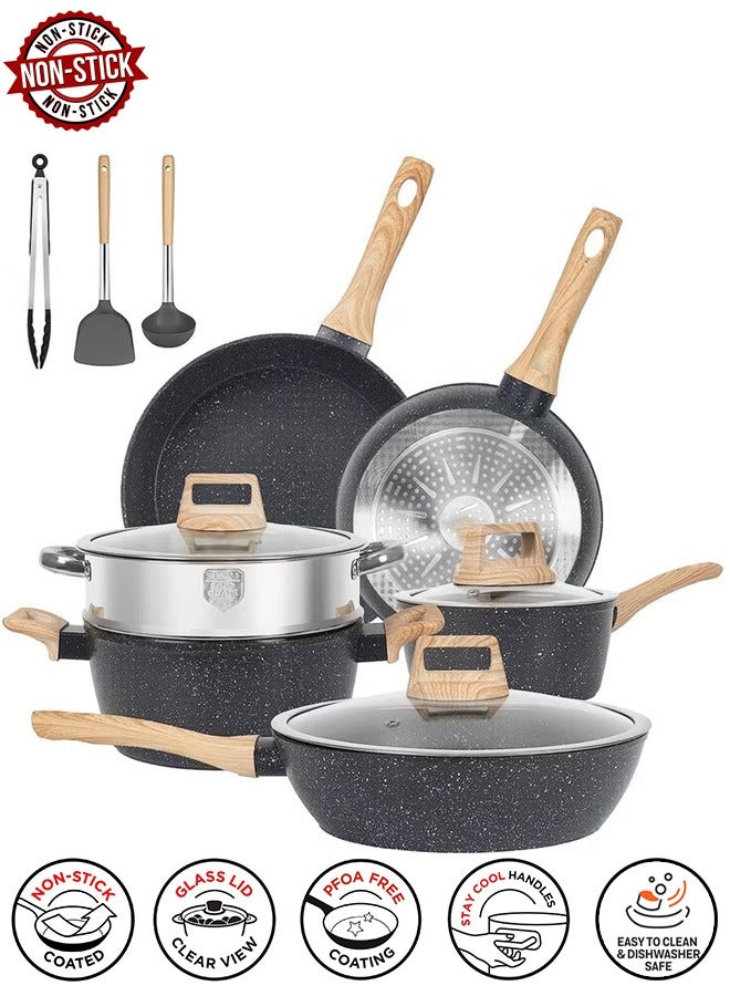 Taizz Ventures 12-Piece Granite Nonstick Cookware Set | Induction Pots and Pans Set with Skillets, Stockpots, Steamer, Ladle, Cooking Spatula, and Silicone Tongs | Durable,  Black  - Image 1