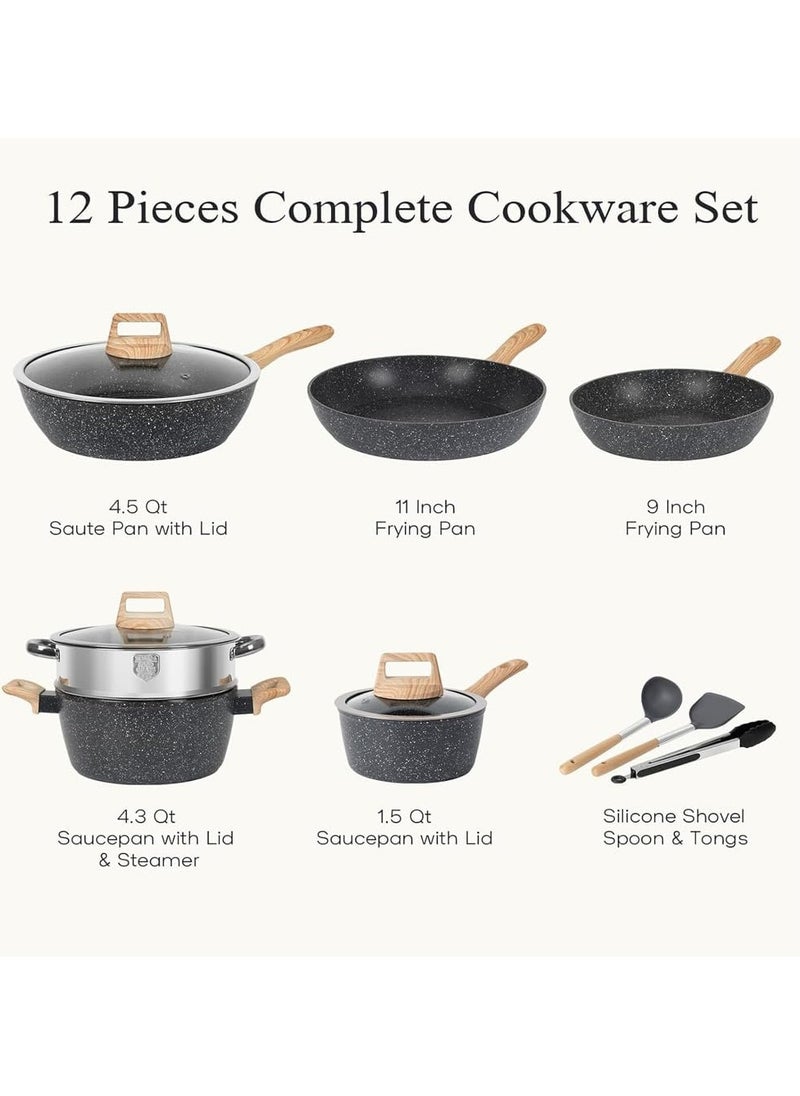 Taizz Ventures 12-Piece Granite Nonstick Cookware Set | Induction Pots and Pans Set with Skillets, Stockpots, Steamer, Ladle, Cooking Spatula, and Silicone Tongs | Durable,  Black  - Image 2