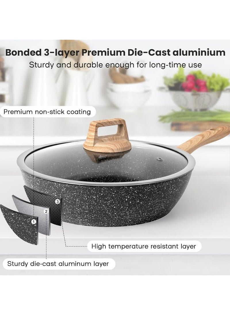 Taizz Ventures 12-Piece Granite Nonstick Cookware Set | Induction Pots and Pans Set with Skillets, Stockpots, Steamer, Ladle, Cooking Spatula, and Silicone Tongs | Durable,  Black  - Image 4