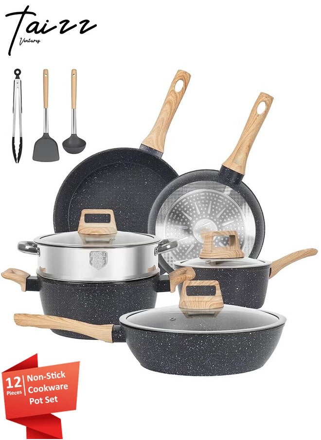 Taizz Ventures 12-Piece Granite Nonstick Cookware Set | Induction Pots and Pans Set with Skillets, Stockpots, Steamer, Ladle, Cooking Spatula, and Silicone Tongs | Durable,  Black  - Image 1