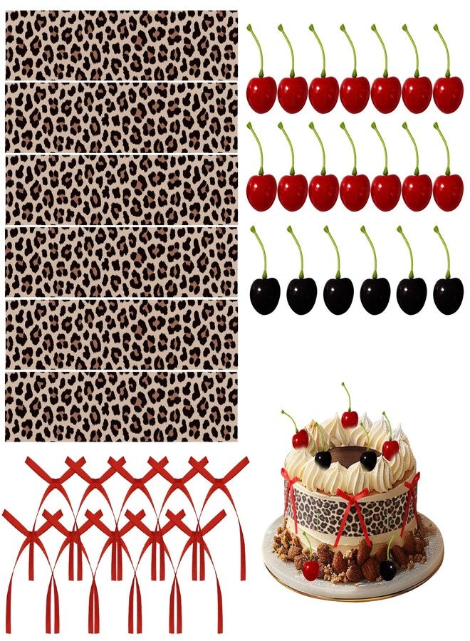 CYUXING Cherry Birthday Decorations Cheetah Print Cake Decorations, 36Pcs Red & Black Leopard Print Cherry Cake Decor Set for Birthday Party Bow Toppers for Cakes - Image 1