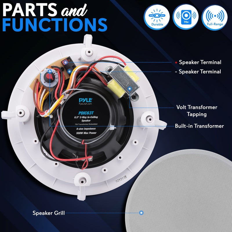 Pyle Ceiling and Wall Mount Speaker-6.5â€ 2-Way 70V Audio Stereo Sound Subwoofer Sound with Dome Twee - Image 2