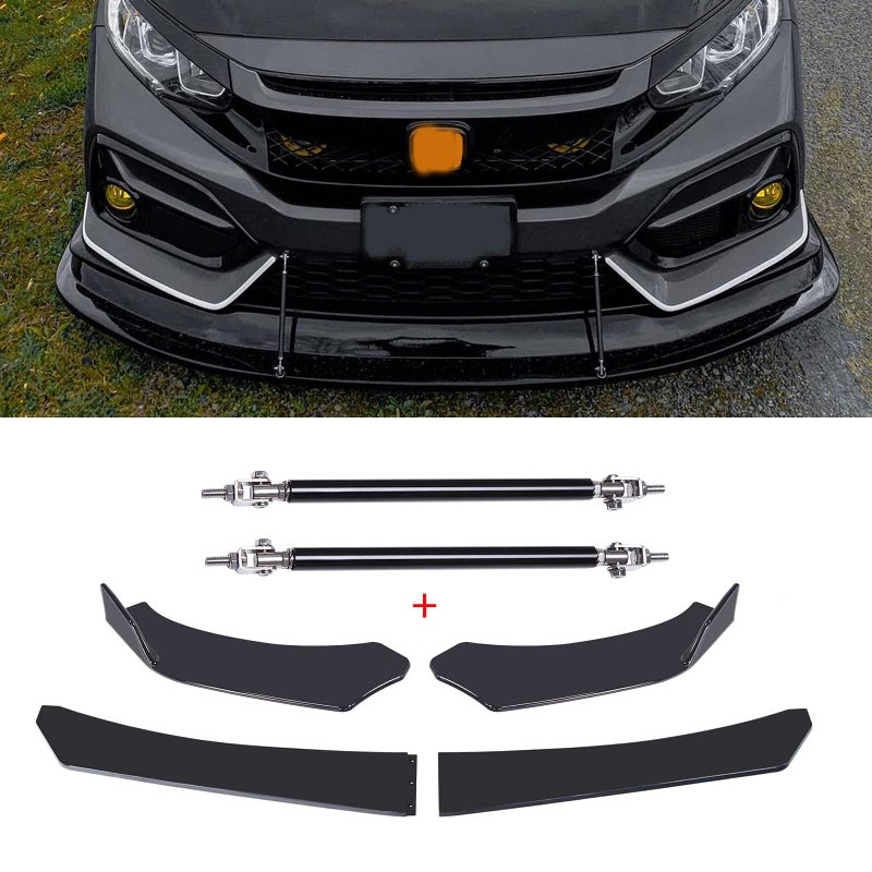 Rich Choices Universal Front Bumper LipGloss Black Front Lip Spoiler Bumper Splitter Body Kit with Strut Rod Compatible with Honda Civic Accord Dodge Charger Mustang Volkswagen MK5 MK6 MK7