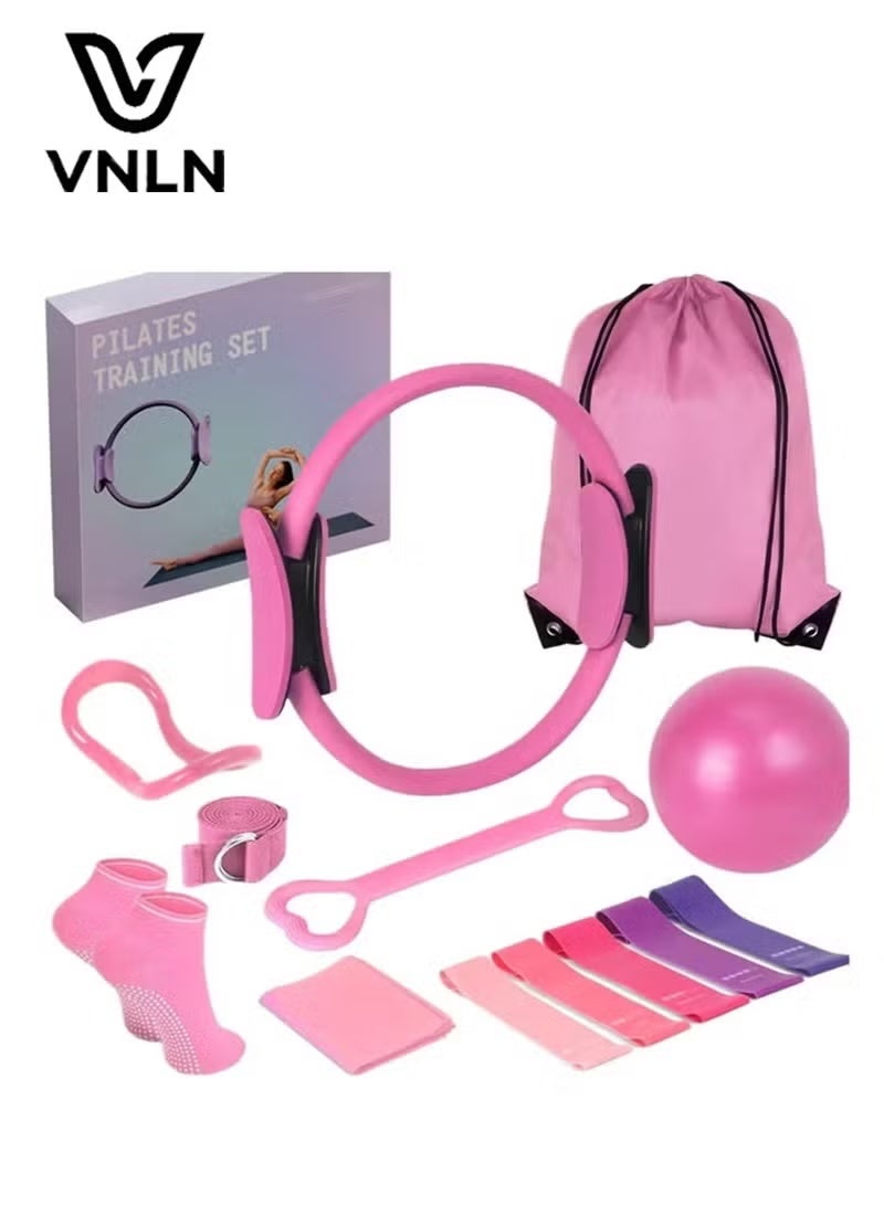 VNLN Pilates Essentials Kit for Women with Pilates Ring, 9 Inch Yoga Ball, and Resistance Bands - Pink - Image 1