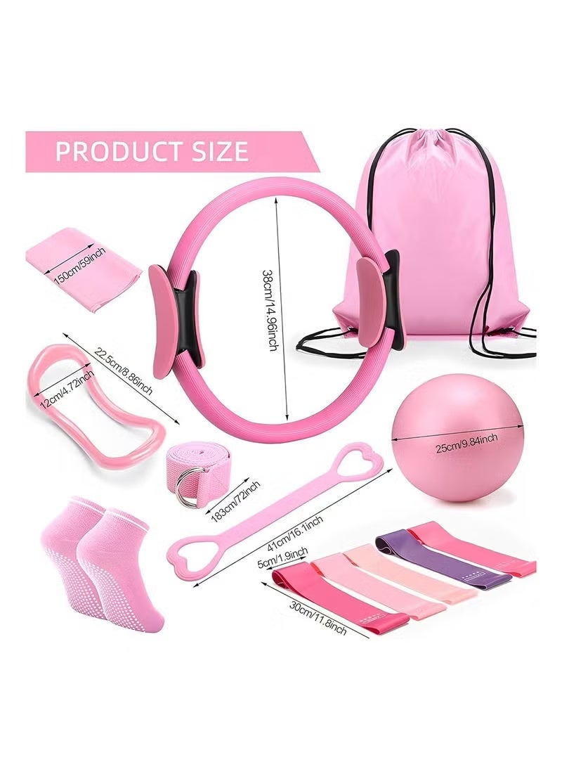 VNLN Pilates Essentials Kit for Women with Pilates Ring, 9 Inch Yoga Ball, and Resistance Bands - Pink - Image 2