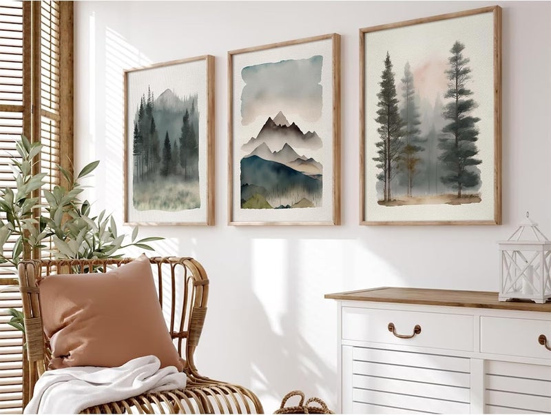Youillne Mountain Forest Watercolor Wall Art Set of 3 - Image 1