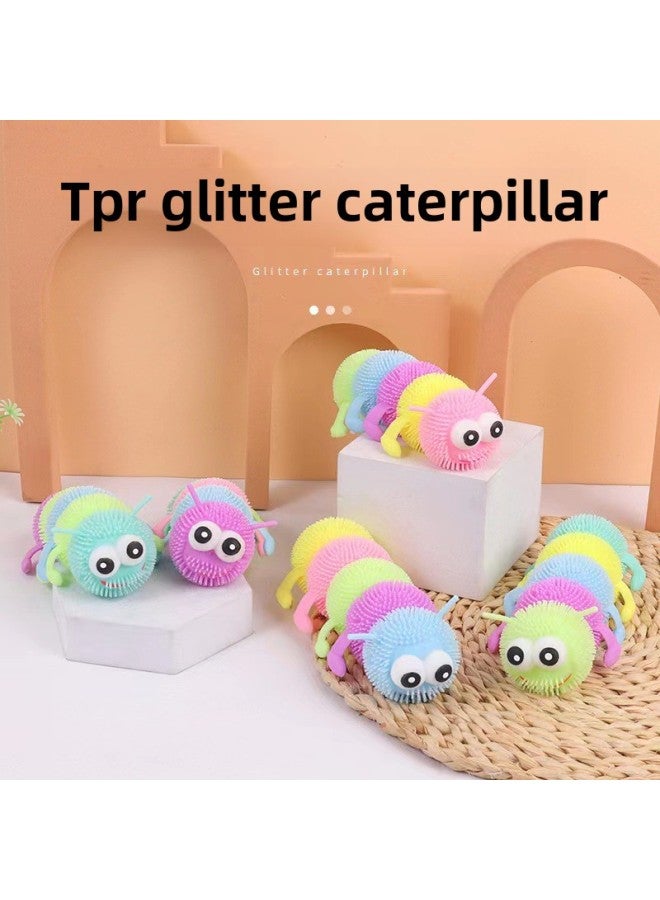Night Market Push Flash Cartoon Decompression LED Luminous Eye-breaking Fur Ball Vent Decompression Luminous Children's Toys-Specifications:18cm Macaron Color Five-section Exophthalmos Caterpillar  - Image 1