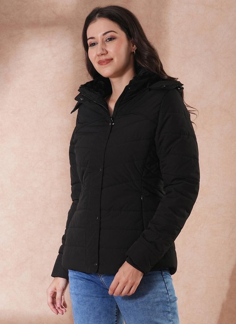 Globus Women's Black Hooded Solid Winter Puffer Jacket with Faux Fur Trim - Image 3