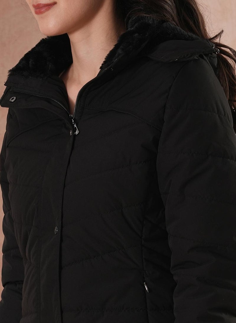 Globus Women's Black Hooded Solid Winter Puffer Jacket with Faux Fur Trim - Image 5