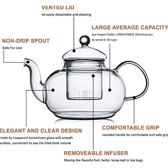 Tealand Stovetop Safe And Microwavable Dishwasher Borosilicate Glass Teapot With Removable Loose Tea Glass Infuser Tea Kettle And Tea Maker 1 Liter - Image 5