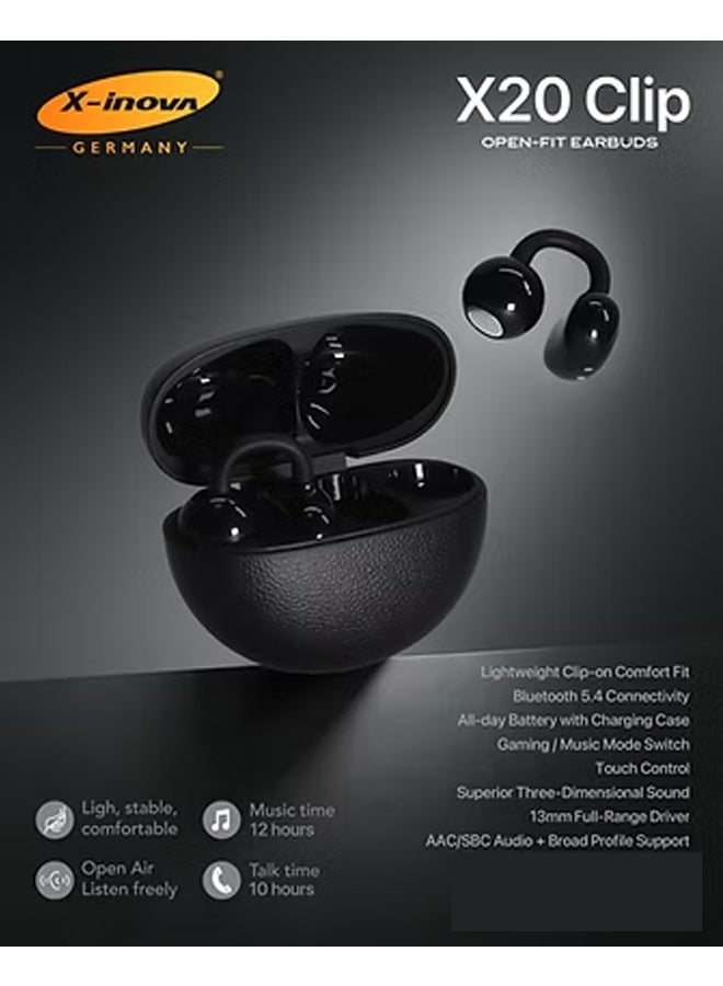 إكس إينوفا سماعات أذن X-Inova X20 Clip Open-Fit، سماعات رأس لاسلكية بتقنية بلوتوث 5.4 مع علبة شحن، أسود لامع - Image 1