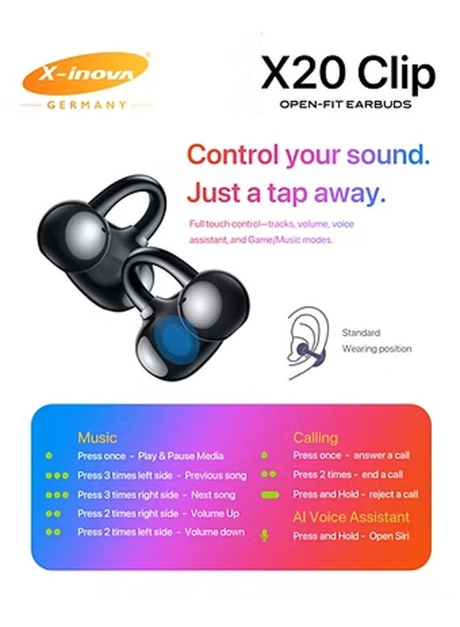 إكس إينوفا سماعات أذن X-Inova X20 Clip Open-Fit، سماعات رأس لاسلكية بتقنية بلوتوث 5.4 مع علبة شحن، أسود لامع - Image 3