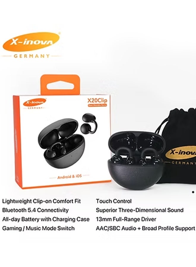 إكس إينوفا سماعات أذن X-Inova X20 Clip Open-Fit، سماعات رأس لاسلكية بتقنية بلوتوث 5.4 مع علبة شحن، أسود لامع - Image 5