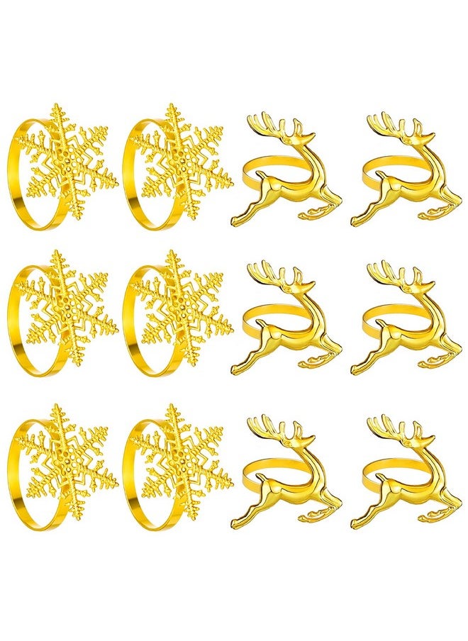 WSICSE - Christmas Napkin Rings Set Of 12, Snowflake And Reindeer Xmas Napkin Holder Rings, Gold Winter Decorations Napkin Rings For Christmas Holiday Party, Dinner Table Setting, Wedding Adornment - Image 1