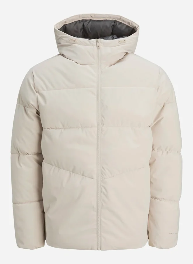 JACK & JONES Off White Zip-Up Puffer Jacket with Hood