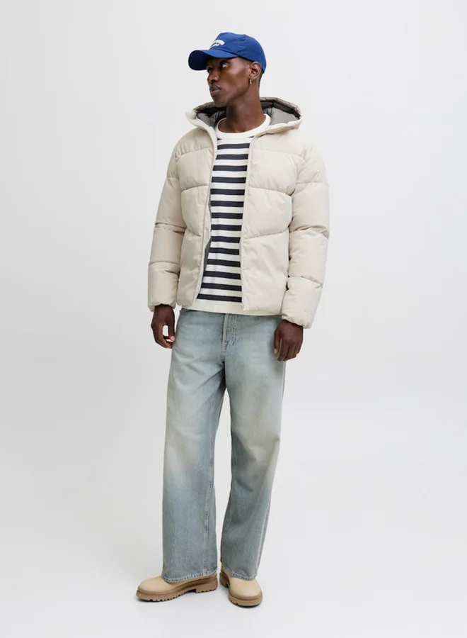 JACK & JONES Off White Zip-Up Puffer Jacket with Hood