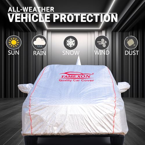 FAMEXON Waterproof Car Body Cover with Mirror Pocket Compatible for Tata Tigor Triple Layer Inner Fabric & Pipein Design Protects from Animals, Heat, Rainfall (Metallic Silver) - Image 3
