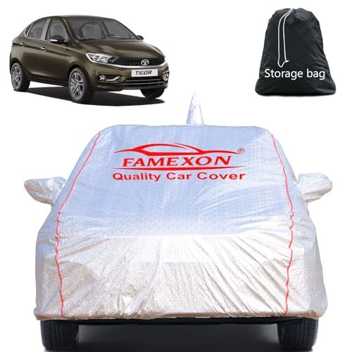 FAMEXON Waterproof Car Body Cover with Mirror Pocket Compatible for Tata Tigor Triple Layer Inner Fabric & Pipein Design Protects from Animals, Heat, Rainfall (Metallic Silver) - Image 1