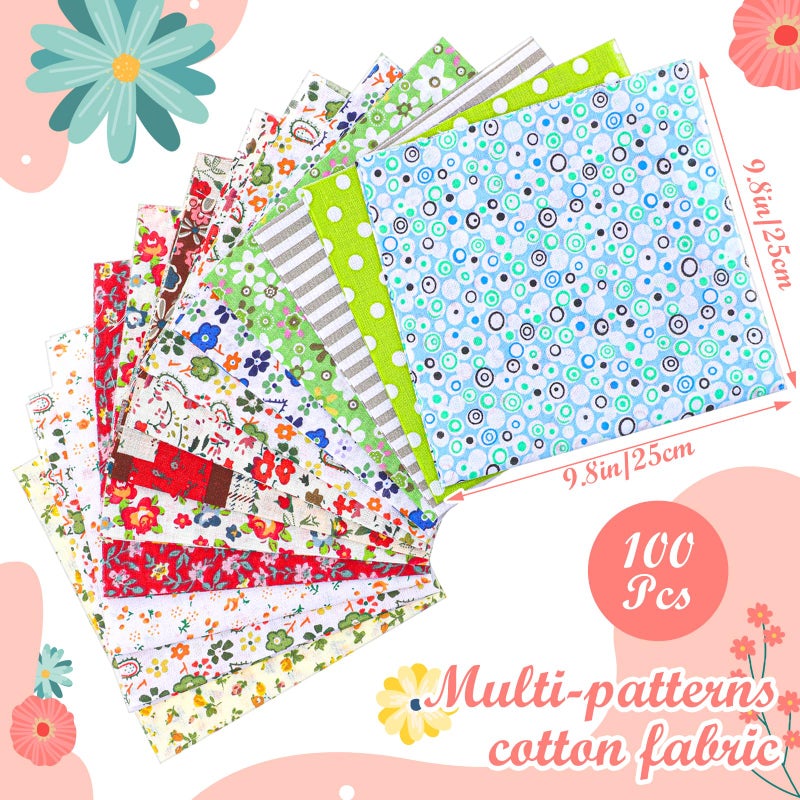 Kifmurase 100 Pieces 10 x 10 Inches Cotton Fabric Squares, Precut Quilting Fabric Bundles Layer Fat Floral Patchwork Fabrics for DIY Crafts Sewing Beginners Cloths Handmade - Image 2