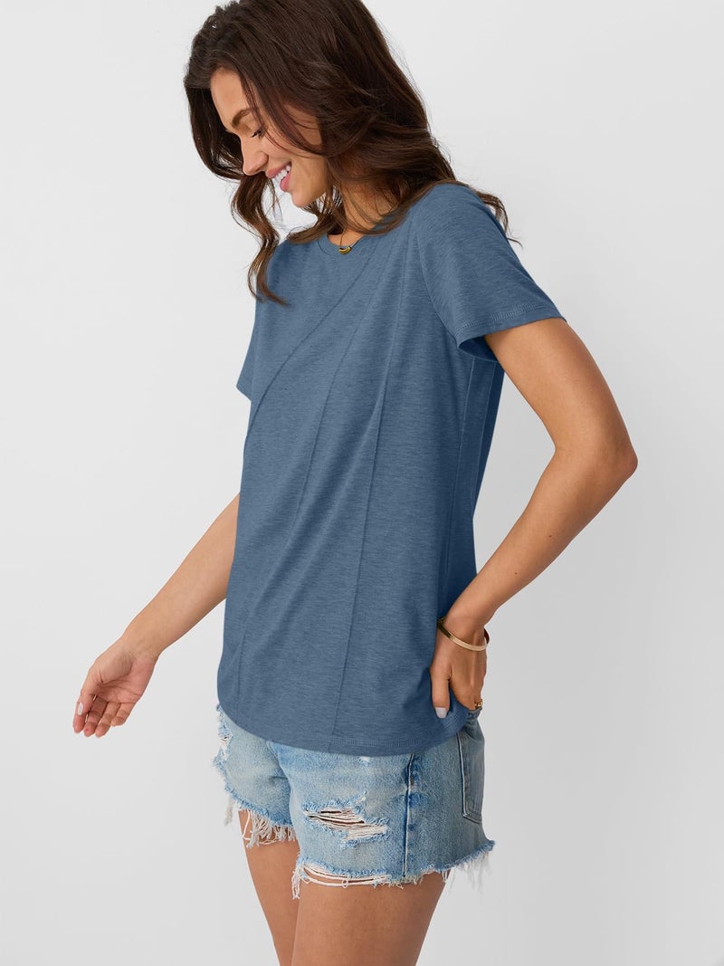 AUTOMET Women's Short Sleeve Tops â€“ Soft & Comfortable Crewneck T-Shirts with Unique Diagonal Stitching, Summer Casual Wear Navy M - Image 4