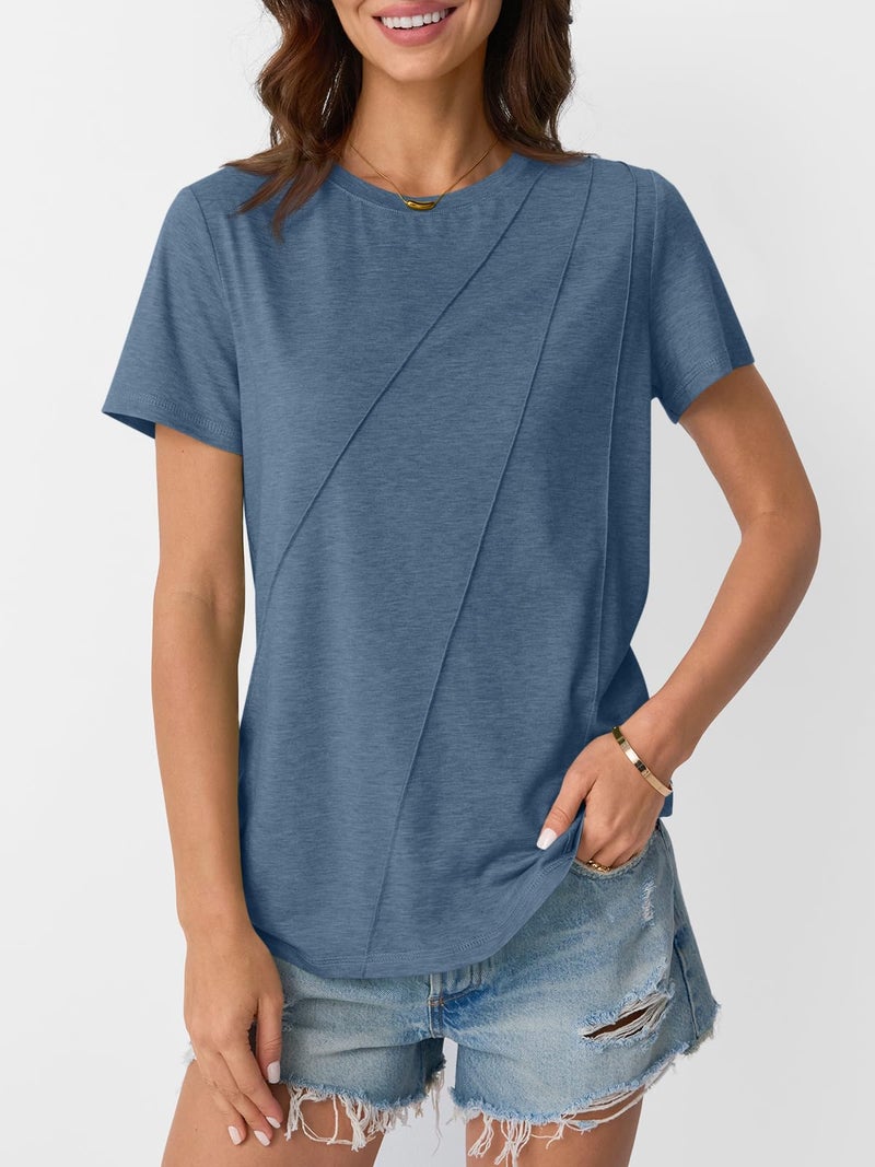 AUTOMET Women's Short Sleeve Tops â€“ Soft & Comfortable Crewneck T-Shirts with Unique Diagonal Stitching, Summer Casual Wear Navy M - Image 2