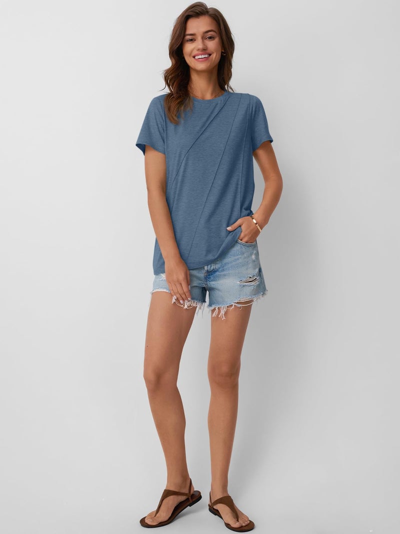 AUTOMET Women's Short Sleeve Tops â€“ Soft & Comfortable Crewneck T-Shirts with Unique Diagonal Stitching, Summer Casual Wear Navy M - Image 5