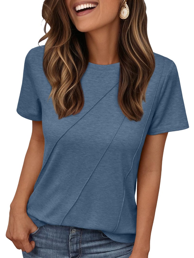 AUTOMET Women's Short Sleeve Tops â€“ Soft & Comfortable Crewneck T-Shirts with Unique Diagonal Stitching, Summer Casual Wear Navy M - Image 1