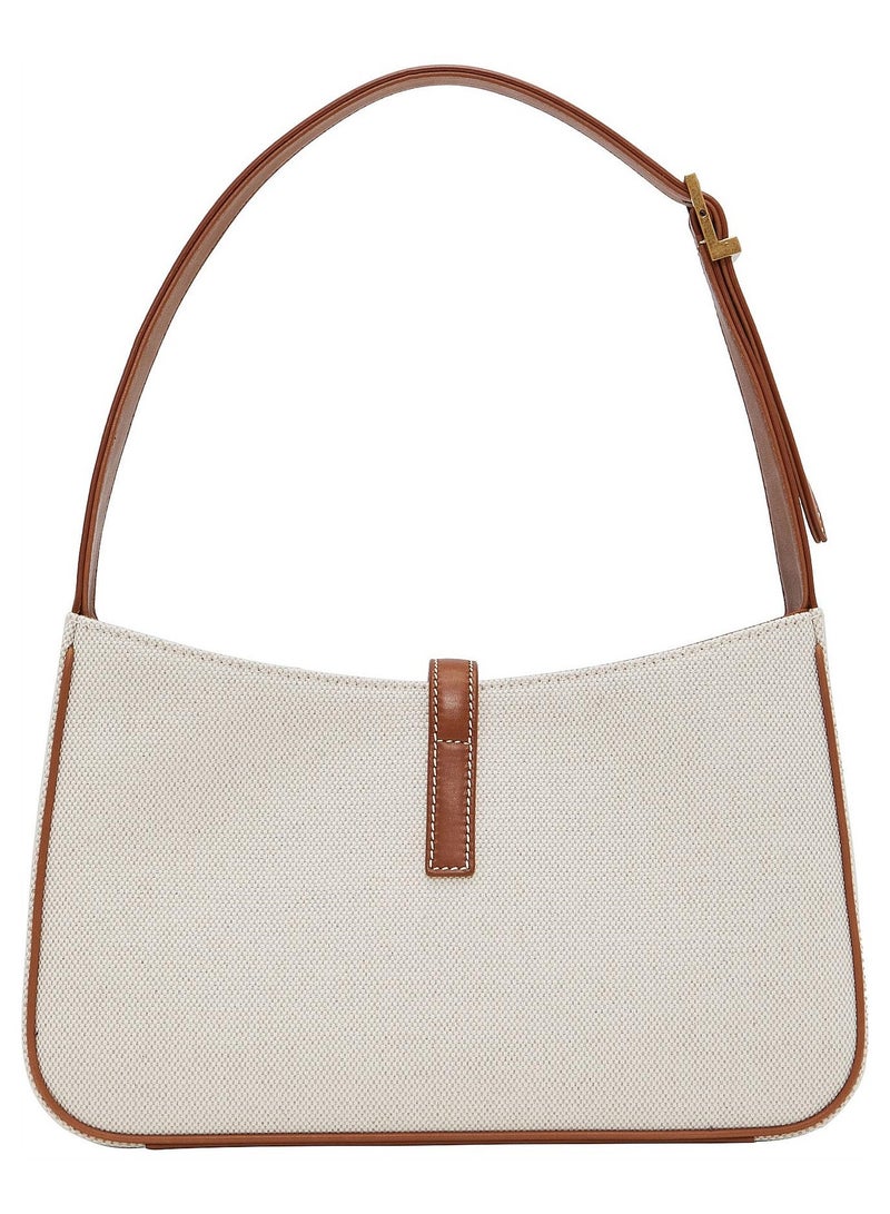 Yves Saint Laurent Le 5 à 7 Women's Crafted Woven Canvas Hobo Bag, Women's Tote Bag, Women's Shoulder Bag, Women's Hand Bag, Women's Travel Bag, White-Brown - Image 3