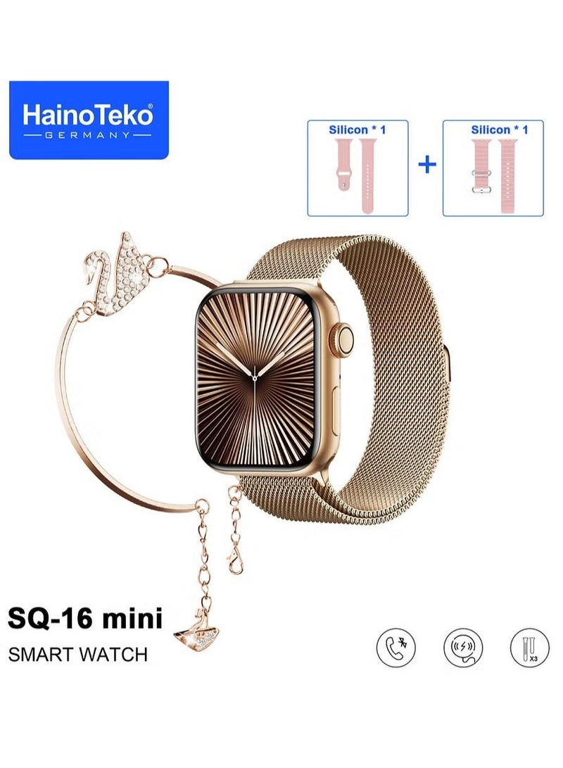 Haino Teko SQ-16 Mini Series 10 AMOLED Display Smart Watch with Stylish Bracelet, 3 Pairs of Straps, and Charging Cable – Designed for Ladies – Gold - Image 1