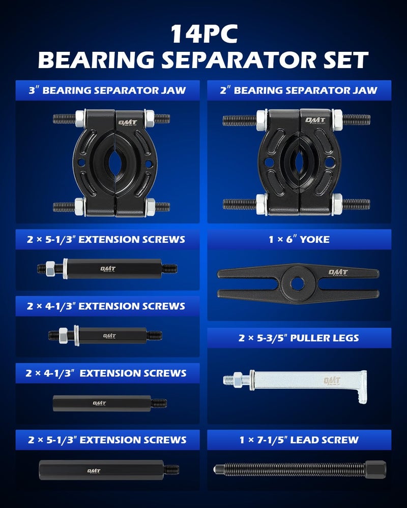 Orion Motor Tech Bearing Puller Set, 5 Ton Capacity Bearing Separator, Pinion Wheel Bearing Removal Kit with 2" and 3" Jaws, Wheel Hub Axle Puller Set, Heavy Duty Bearing Splitter Tool Kit with Blue Case - Image 2