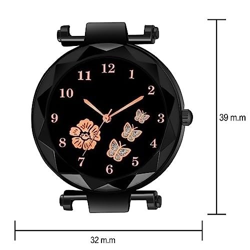 CERO New Flower Butterfly Dial Mgnetic Strap Girls Analogue Stainless Steel Watch For Woman (Black-Gold) - Image 4