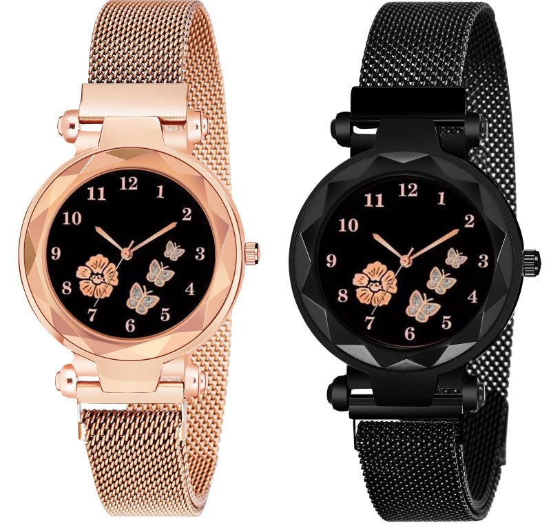 CERO New Flower Butterfly Dial Mgnetic Strap Girls Analogue Stainless Steel Watch For Woman (Black-Gold) - Image 1