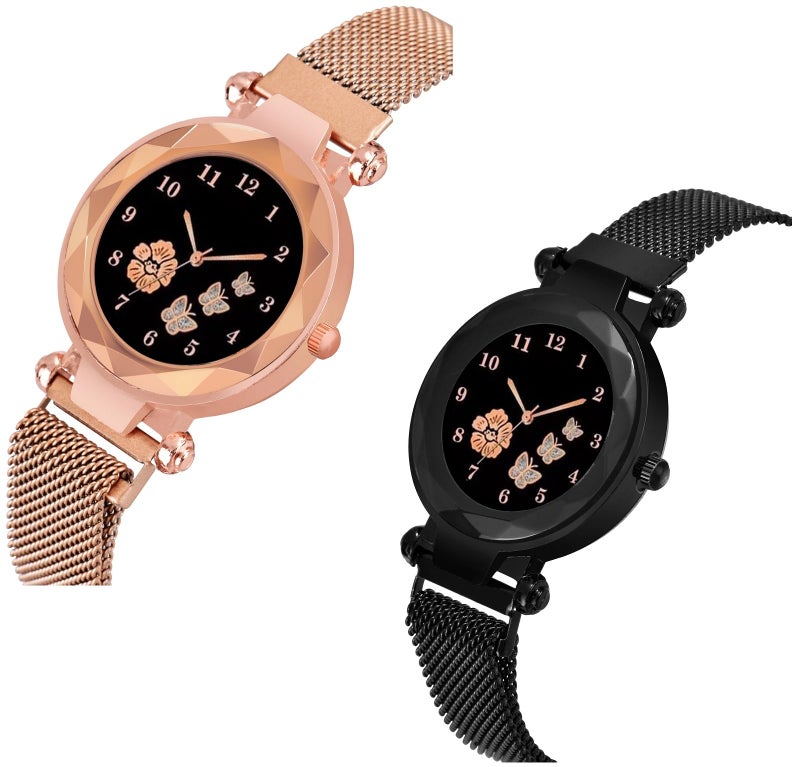 CERO New Flower Butterfly Dial Mgnetic Strap Girls Analogue Stainless Steel Watch For Woman (Black-Gold) - Image 3