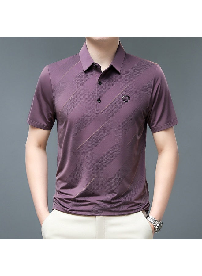 Summer  Men's Short Sleeve Polo Shirt Trendy Collar Ice Silk T-Shirt Loose Fit Striped Pattern Comfortable Body Tee Top  - Image 1