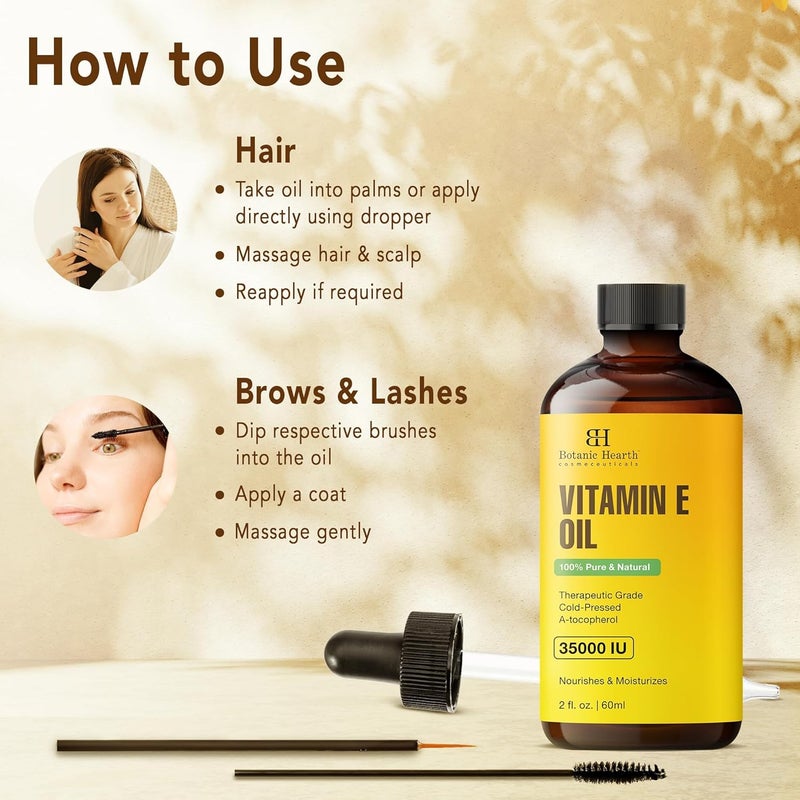 Botanic Hearth Vitamin E Oil | 100% Pure and Natural oil for Growth of Nails, Hair, Eyebrows & Eyelashes | 35,000 IU | Hair & Body Oil with Eyebrow & Eyelash Brush| 2 Fl Oz - Image 5