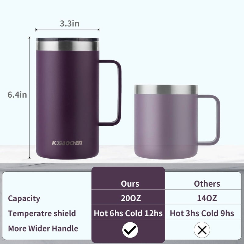 KXIAOCHEN 20oz Insulated Coffee Mug with Lid, Stainless Steel Coffee Cup, Double Wall Vacuum Coffee Tumbler with Handle, Premium Thermal Travel Coffee Mug (Purple) - Image 2