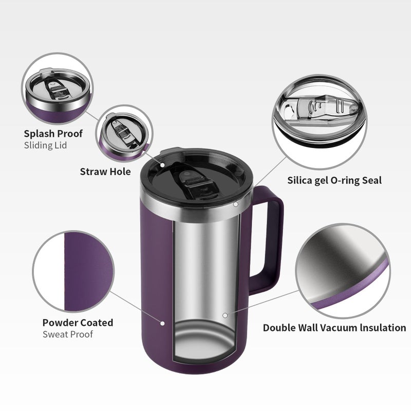 KXIAOCHEN 20oz Insulated Coffee Mug with Lid, Stainless Steel Coffee Cup, Double Wall Vacuum Coffee Tumbler with Handle, Premium Thermal Travel Coffee Mug (Purple) - Image 5