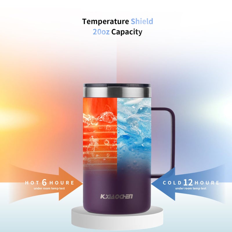 KXIAOCHEN 20oz Insulated Coffee Mug with Lid, Stainless Steel Coffee Cup, Double Wall Vacuum Coffee Tumbler with Handle, Premium Thermal Travel Coffee Mug (Purple) - Image 4