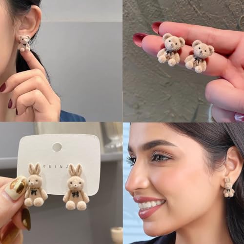 Zytiqt 2 Pairs Korean Earrings for Girls Stylish, Cute Bunny and Bear Stud Earrings Set, Gifts for Womens, Jewellery for Women, Earrings for Women Stylish, Beige Color, Comfortable for Sensitive Ears - Image 2