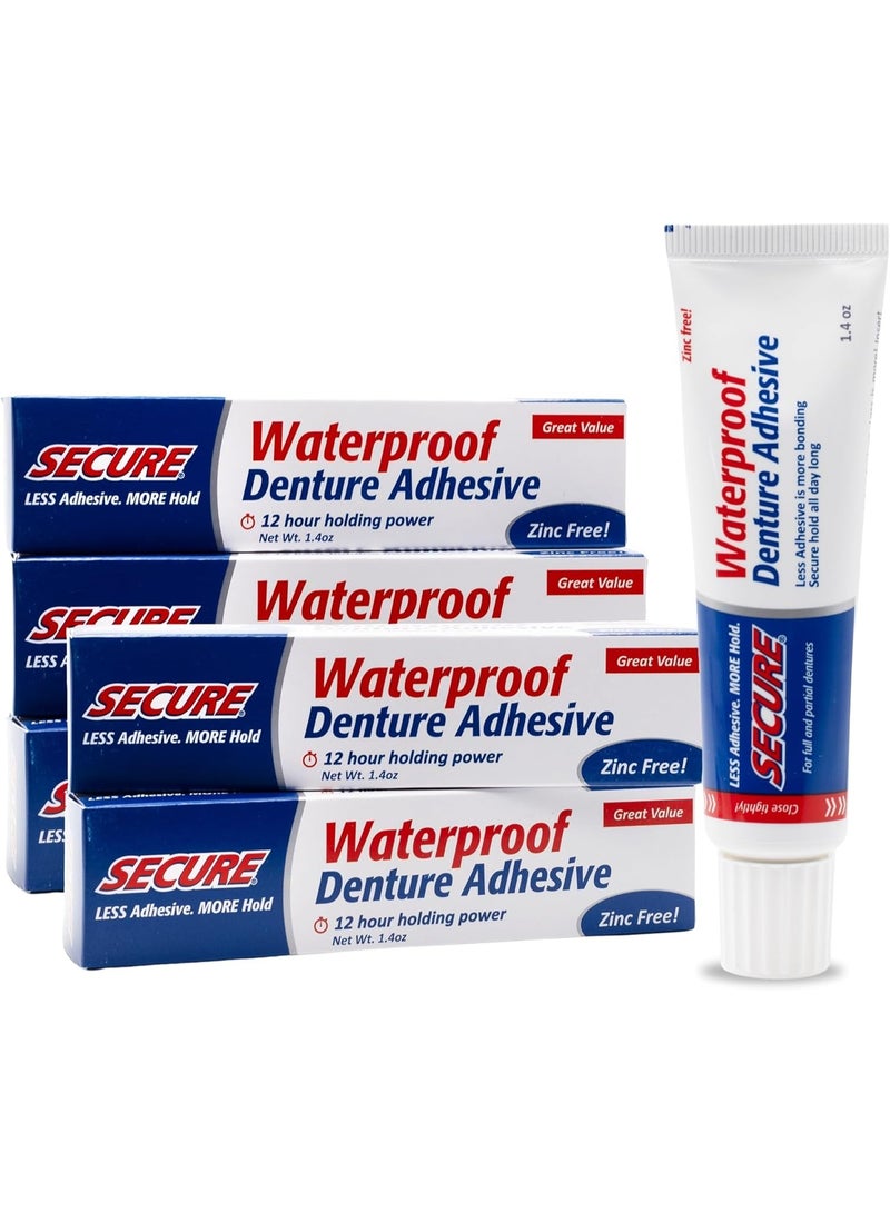 Secure Waterproof Denture Adhesive - Zinc Free - Extra Strong Hold For Upper, Lower or Partials - 1.4 oz (Pack of 5) - Image 1